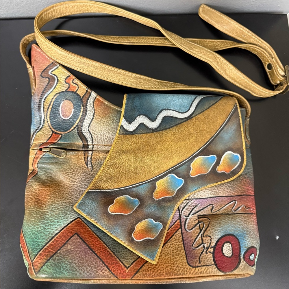 VTG ANUSCHKA Leather Crossbody Bag w/Strap Handpainted‎ Leather Art Purse